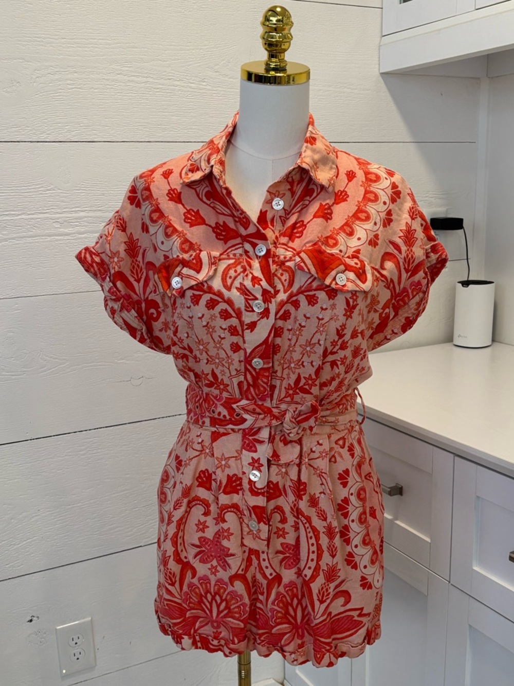 Red Floral Button-Front Women's Romper